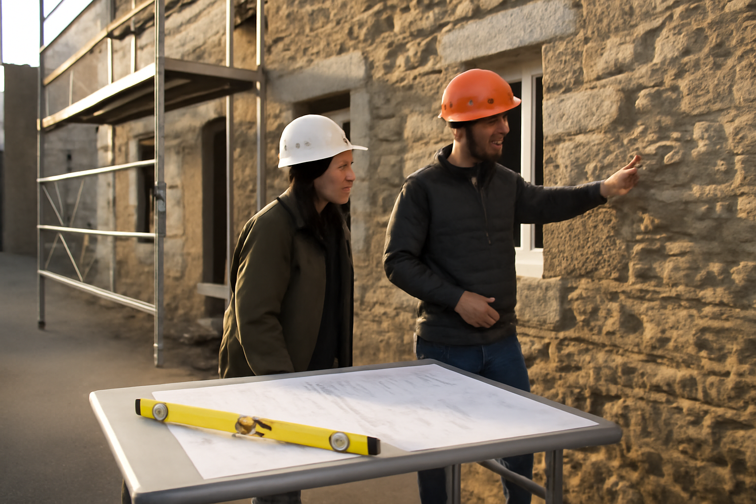 Vue d’une maison de bourg en Bretagne avec un chantier de rénovation en cours, façade pierre et échafaudage, équipe en discussion sur plans