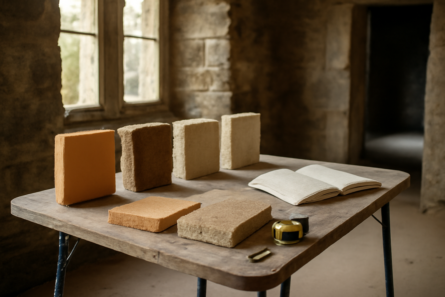 Comparaison de matériaux de rénovation (isolant, enduit, échantillons) sur une table avec carnet de chantier