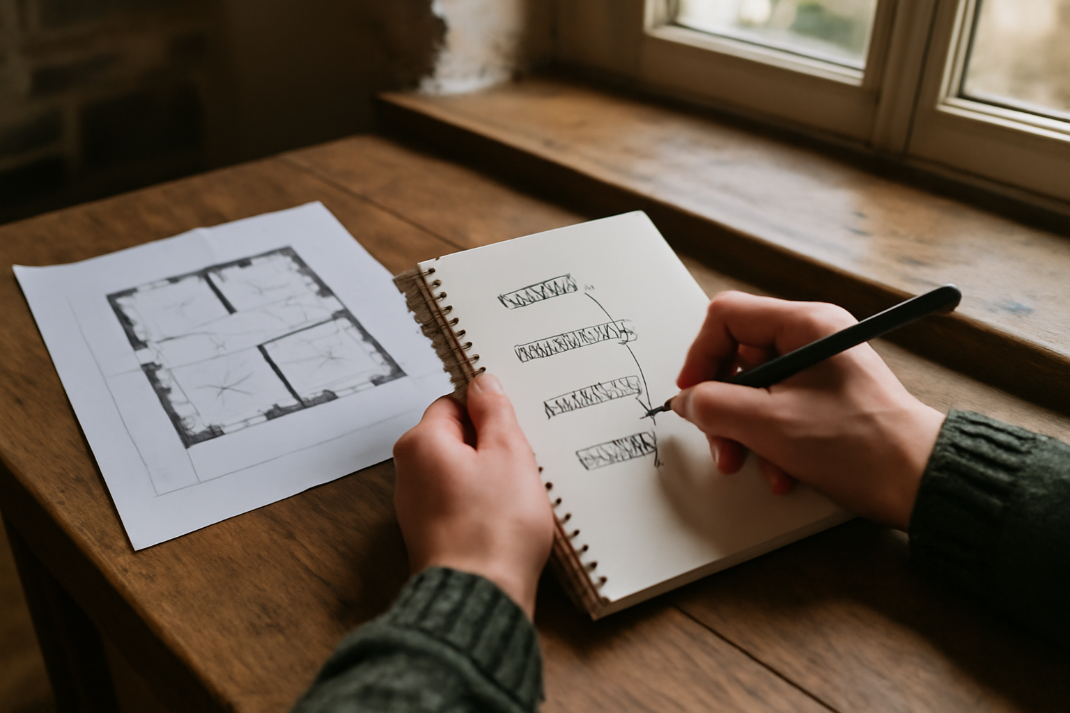 Schéma de phasage de rénovation sur un carnet : enveloppe, ventilation, chauffage, finitions dans une maison ancienne en Bretagne