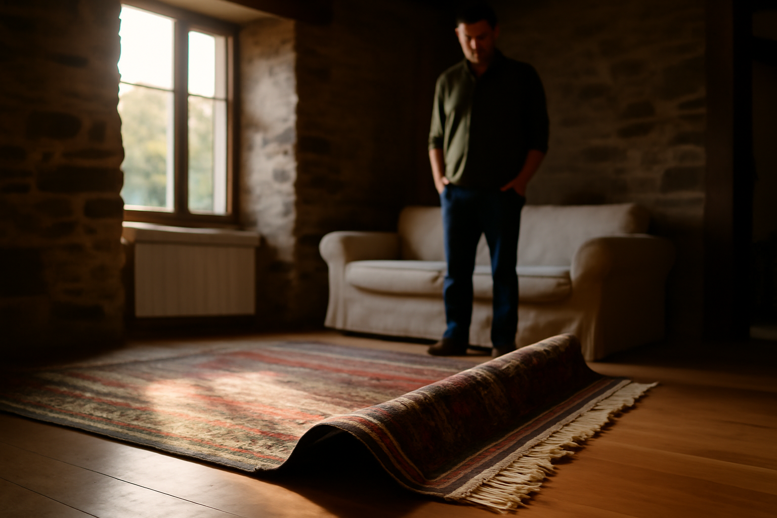 tapis ancien sur sol pierre en Bretagne, lumière rasante