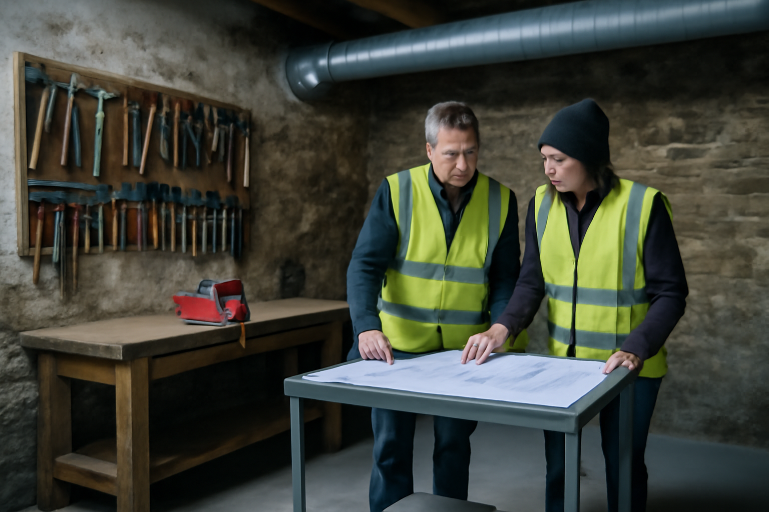 amenagement atelier en Bretagne, sol béton et établi sur mur ventilé