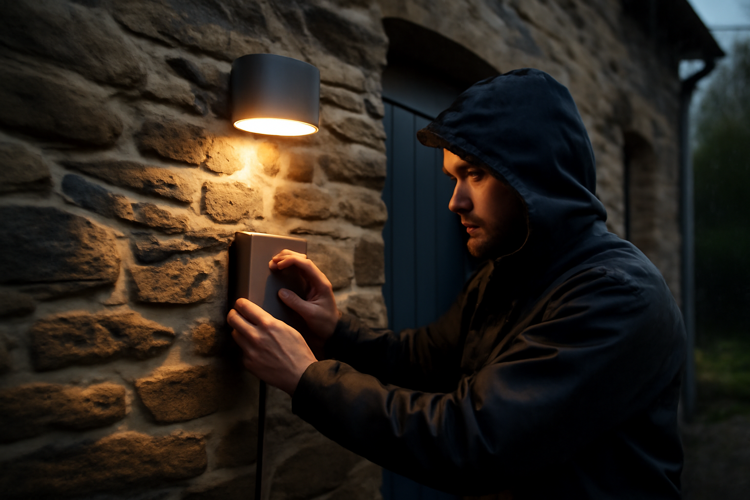 applique murale extérieur led sur façade en pierre bretonne avec pluie fine
