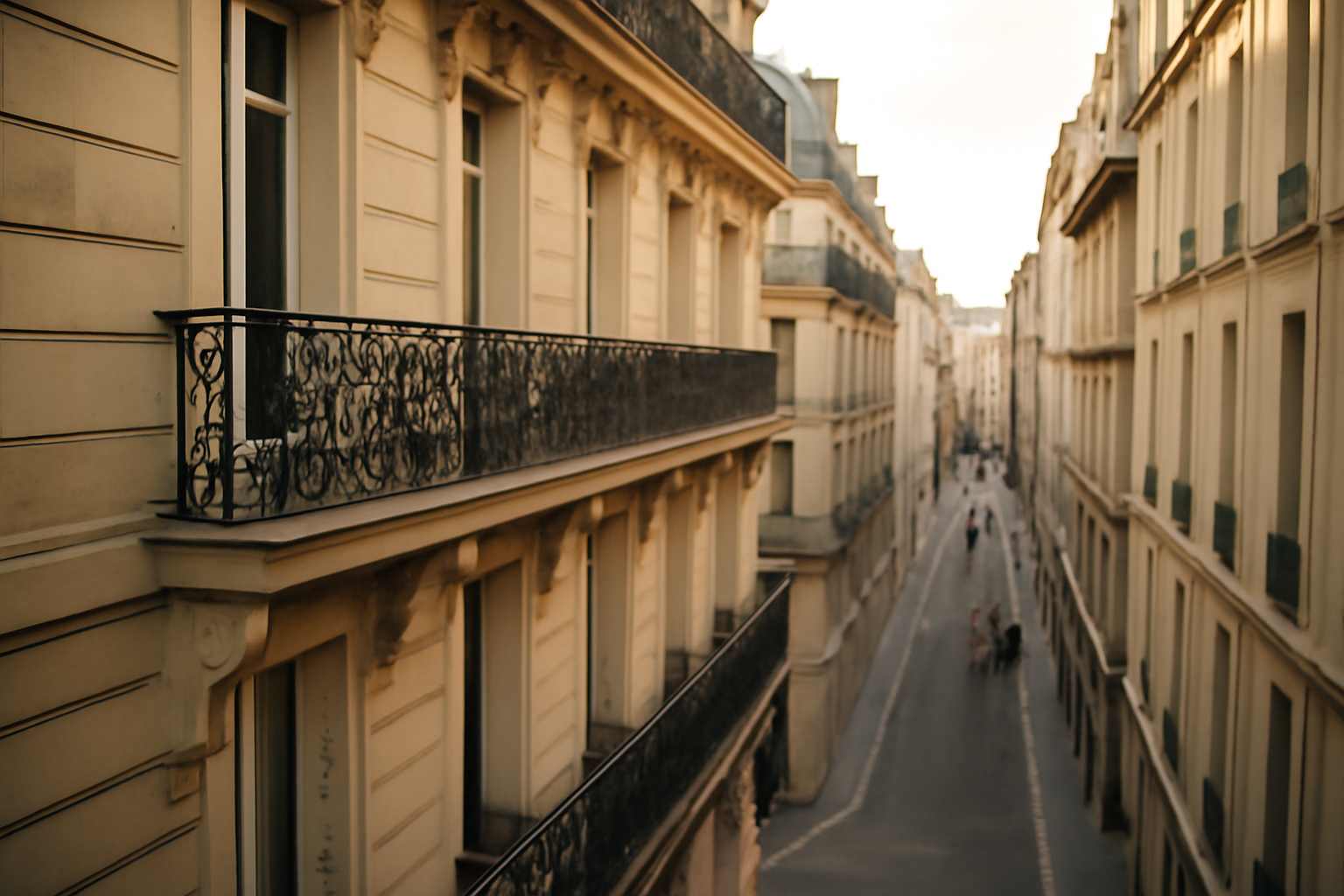 balcon haussmannien au 2e et 5e étages sur une façade parisienne, vue de rue, lumière d’après-midi
