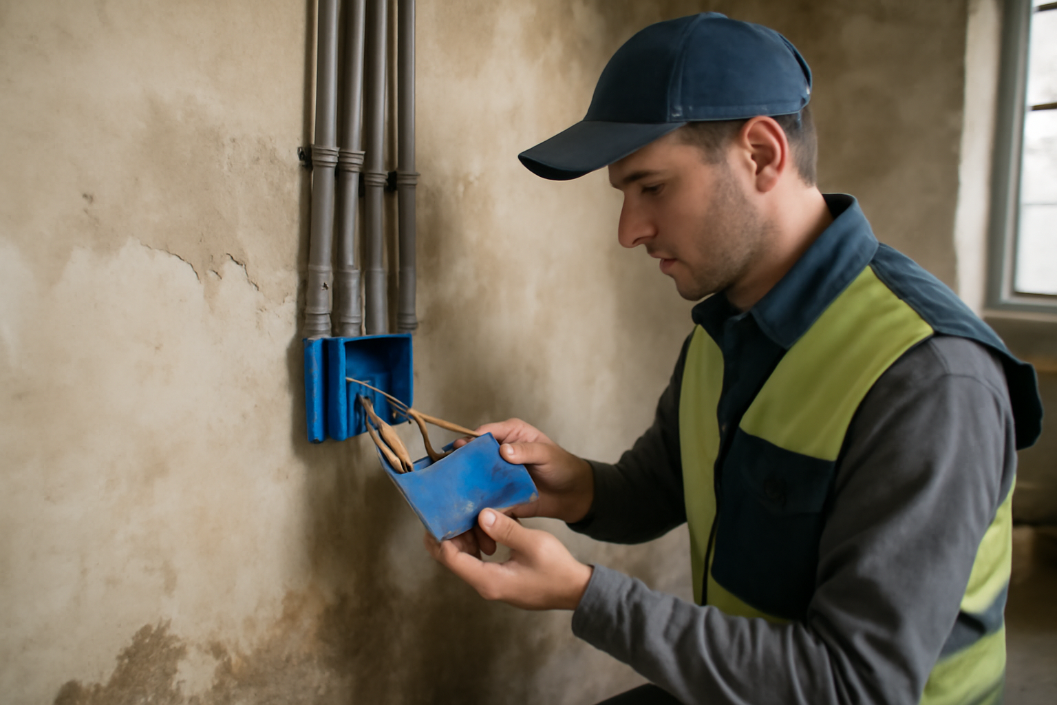 Boite de derivation electricite ouverte dans un mur en rénovation, électricien avec tournevis et repérage, lumière de chantier