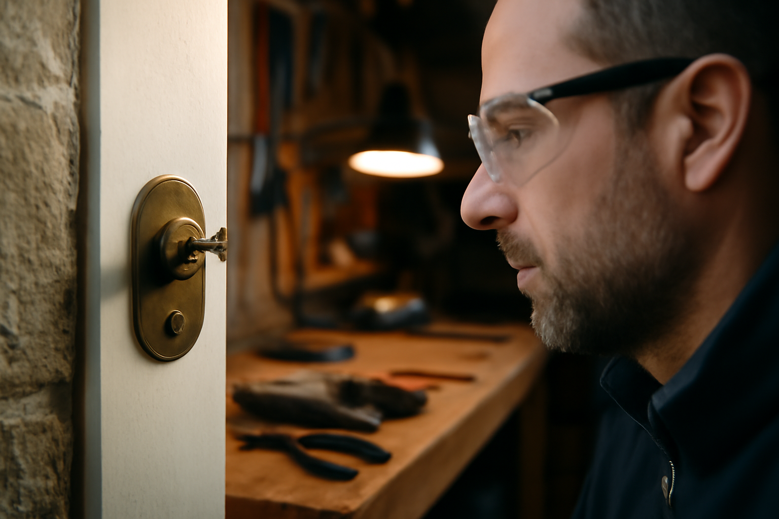 Clé cassée serrure dans un cylindre de porte, gros plan en lumière naturelle, atelier de bricolage