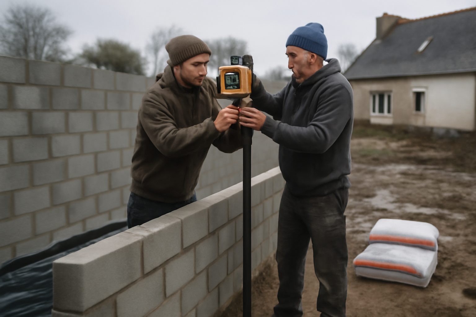 construction villa en Bretagne, chantier de maison neuve avec matériaux et bâche d’étanchéité