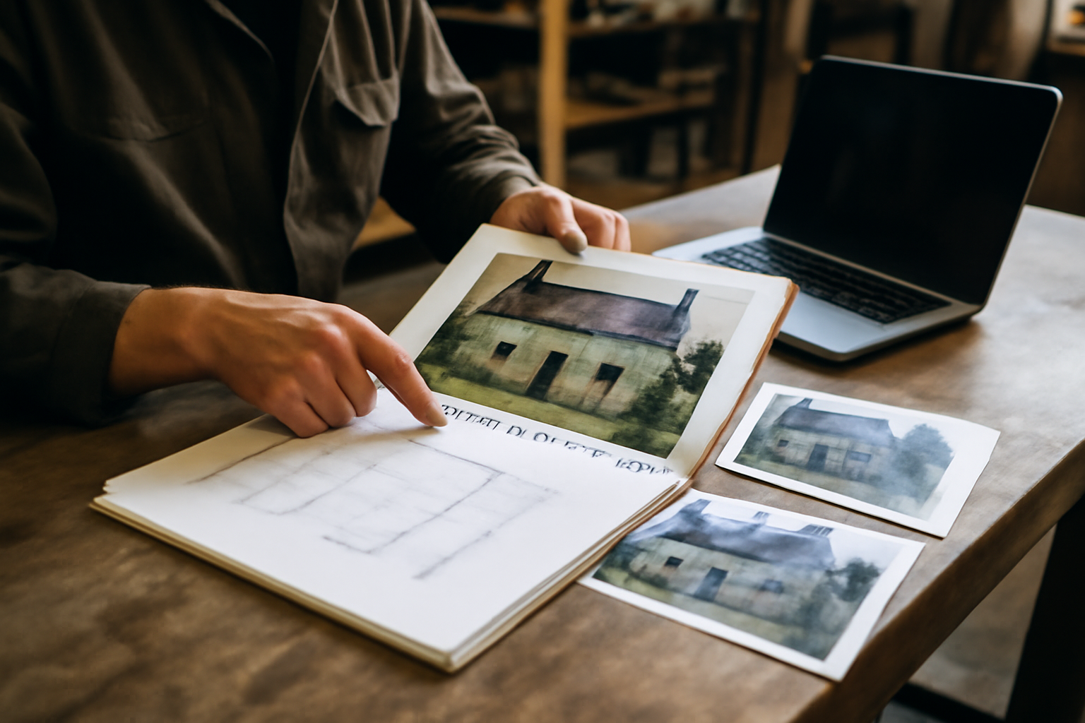 Vue d’une personne consultant un dossier de rénovation sur une table avec plans, photos de façade et ordinateur portable, ambiance atelier en Bretagne