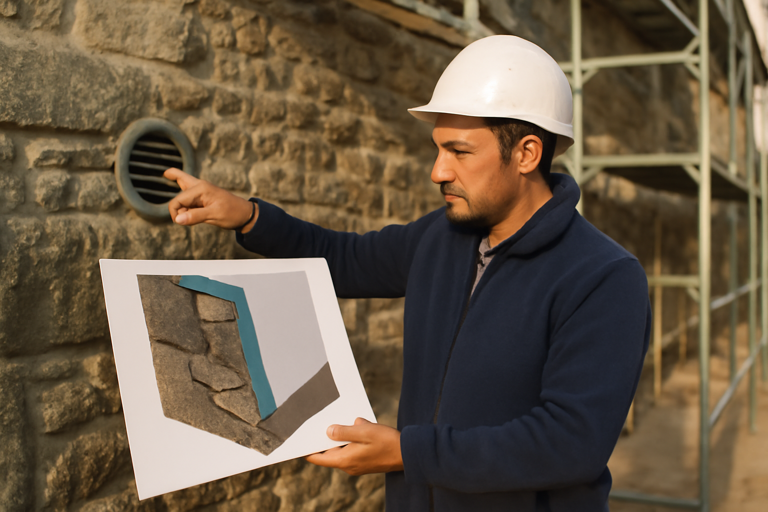 Détail d’un chantier de rénovation en Bretagne : artisan montrant une coupe de mur ancien et un système de ventilation, sur une façade en pierre