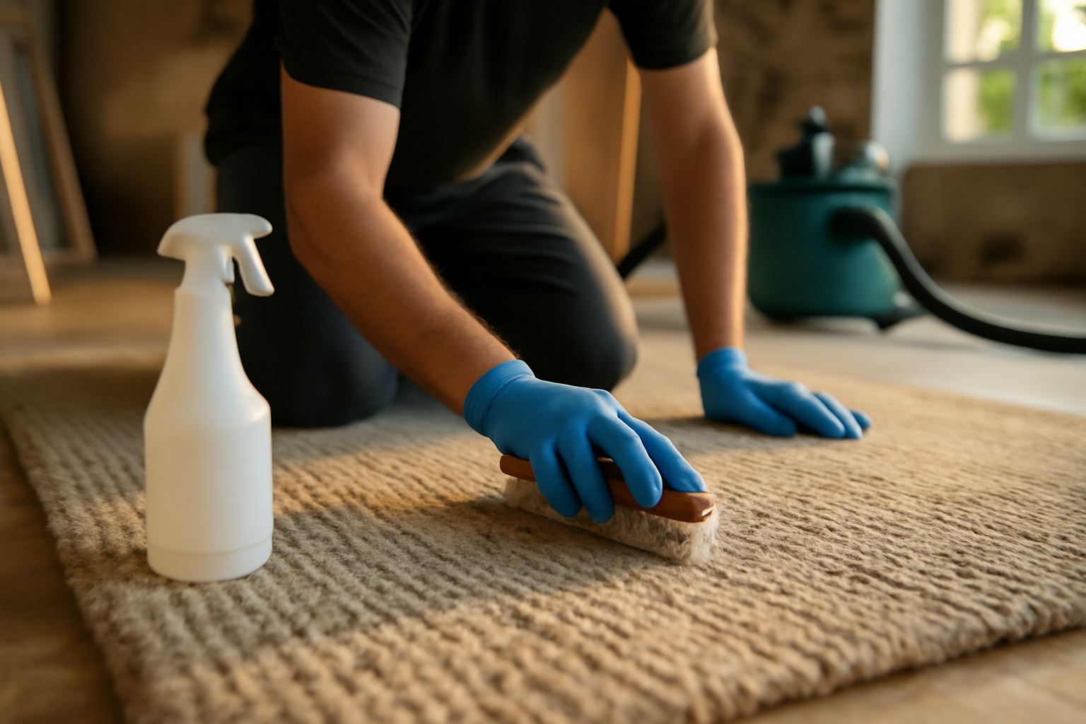 Désinfecter un tapis : brosse douce et vaporisateur sur un tapis en intérieur, lumière naturelle
