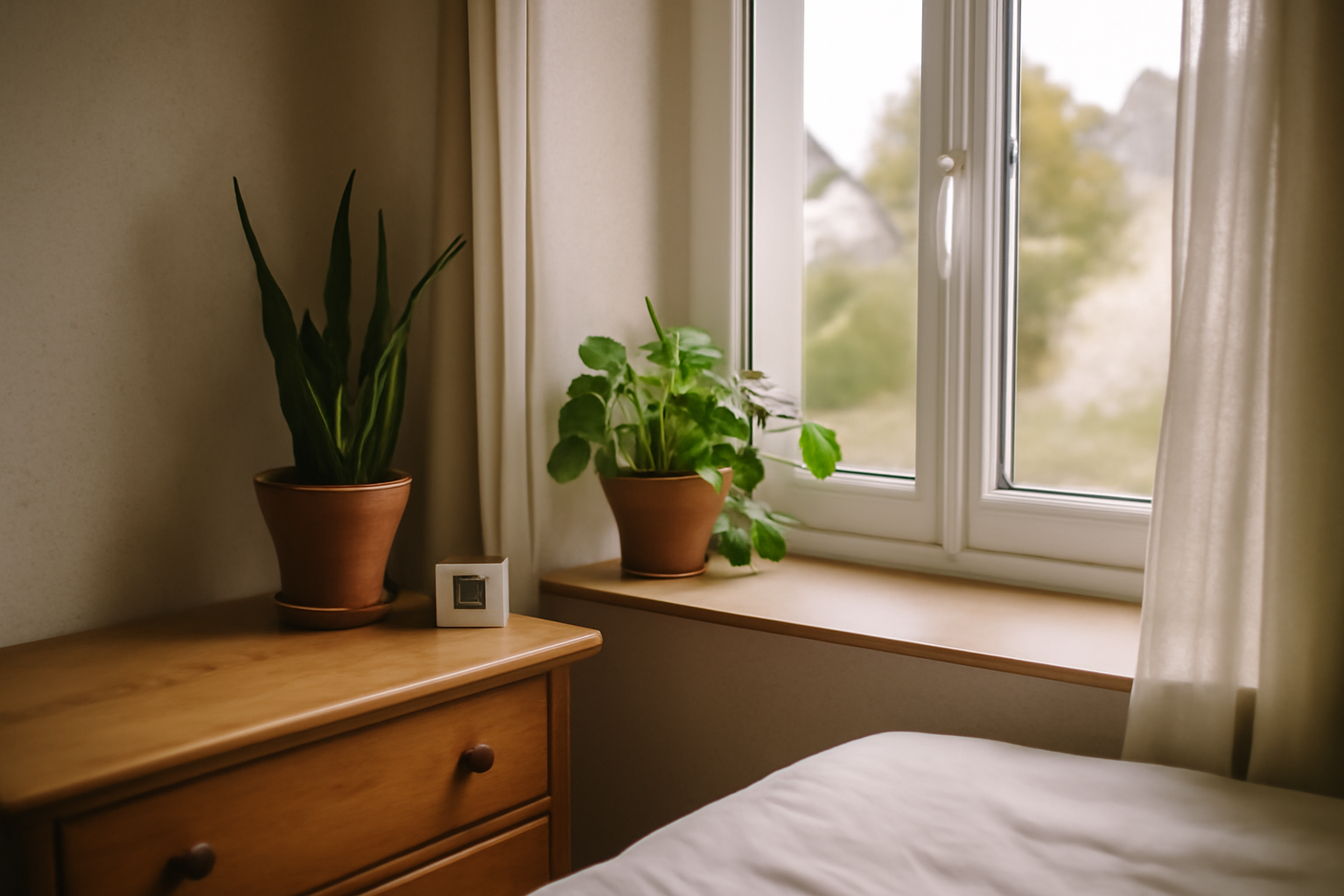Plantes d’intérieur dans une chambre bretonne lumineuse, arrosage maîtrisé et fenêtre entrouverte