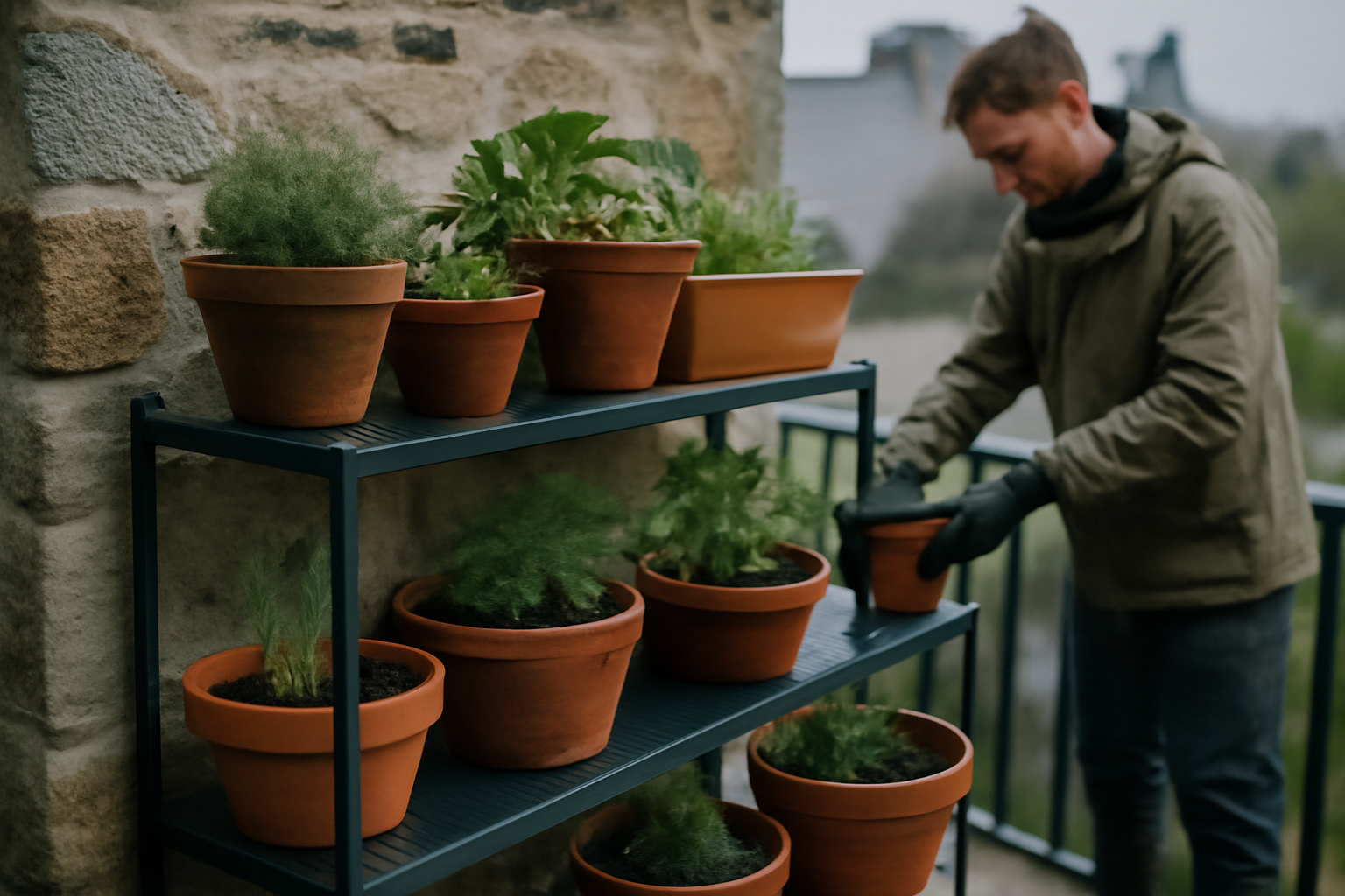 etagere plante exterieur en acier traité sur balcon breton, pluie fine et pots de plantes