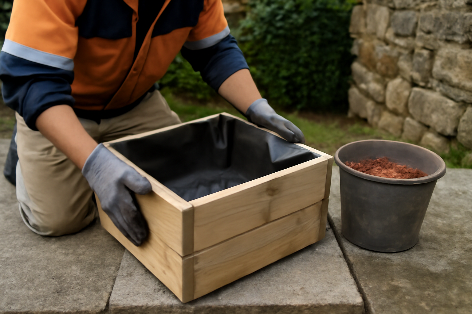 fabriquer pot de fleur en bois sur terrasse bretonne avec drainage visible