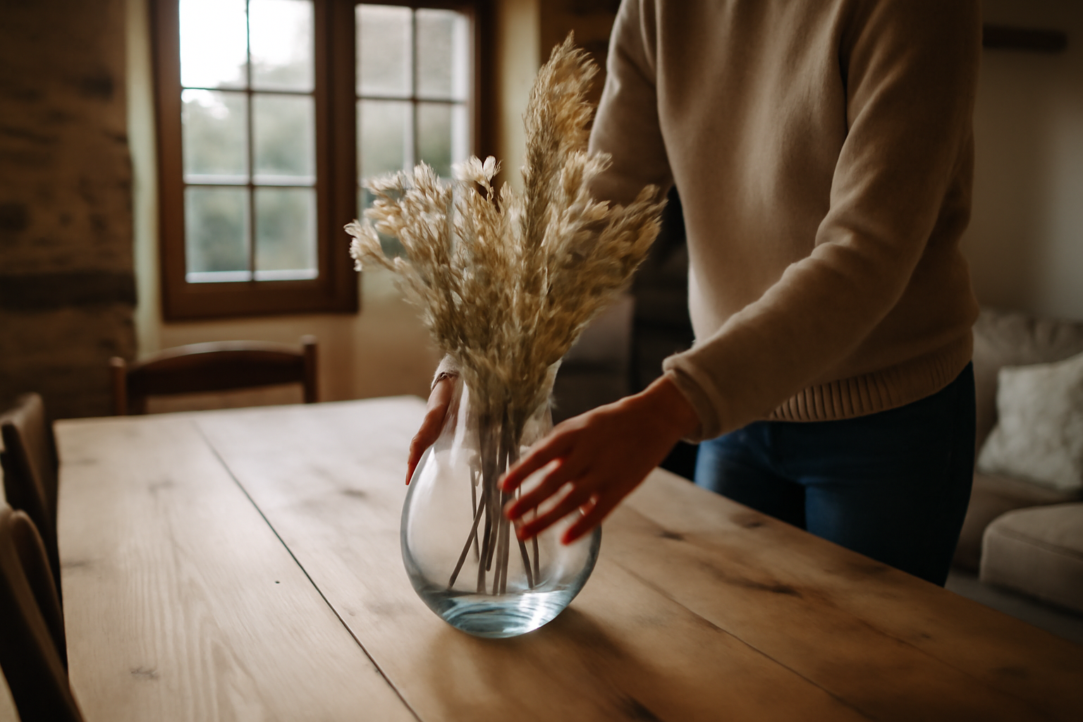 Idée déco vase transparent : grande jarre en verre avec fleurs et sable sur table en bois, lumière naturelle