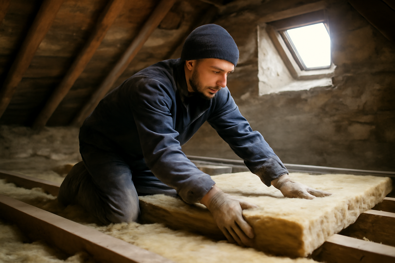artisan isolant des combles dans une maison ancienne en Bretagne avec laine minérale entre solives