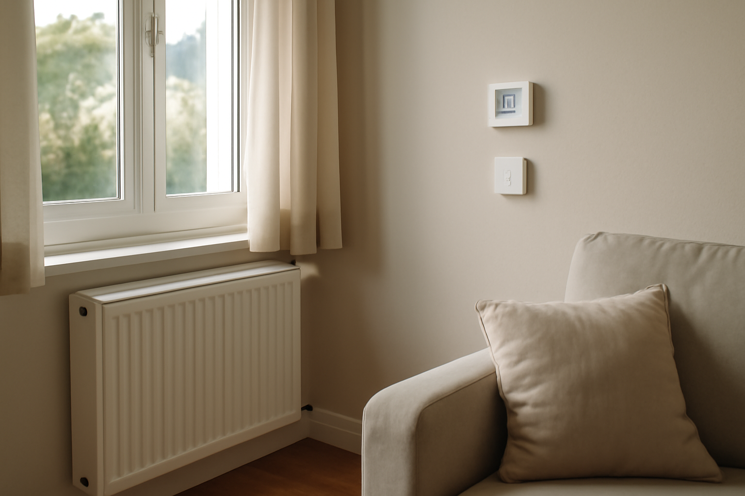 radiateur basse température et régulateur connecté dans un salon rénové en Bretagne