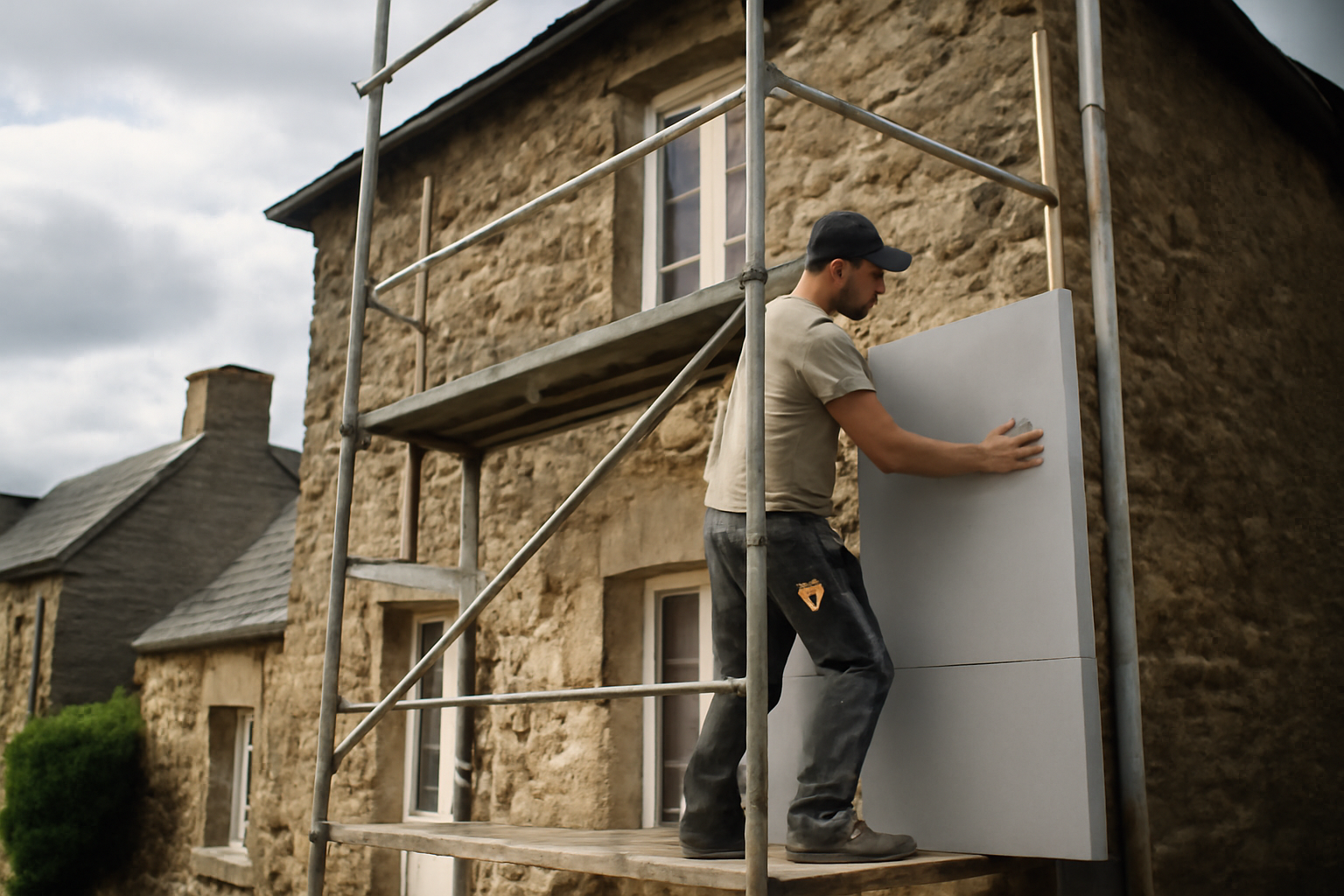 Isolation extérieure : pose de panneaux isolants sur façade en Bretagne, chantier avec échafaudage
