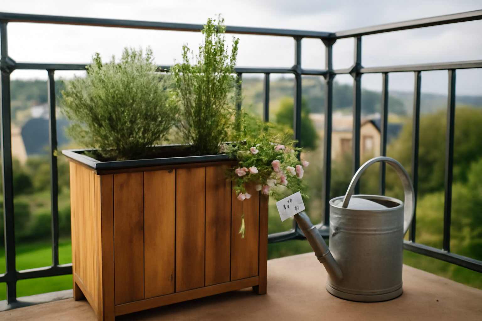 Jardinière rectangulaire haute en bois sur balcon breton, lumière de matin, plantes aromatiques
