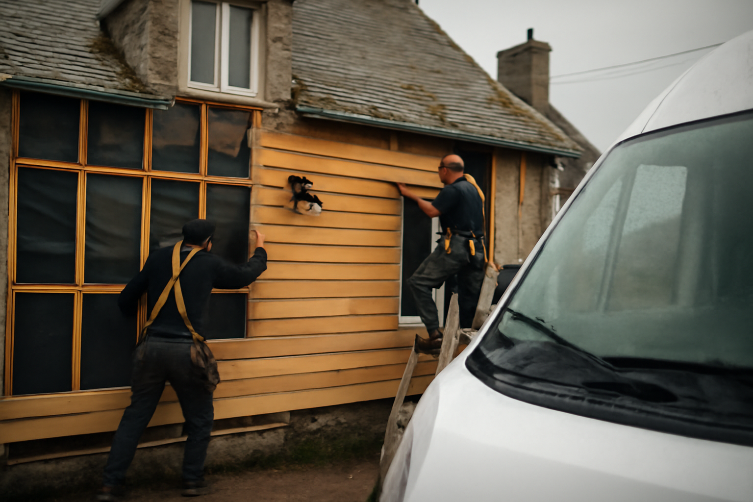 Maison en bardage bois en Bretagne, chantier avec pare-pluie et lambourdes visibles