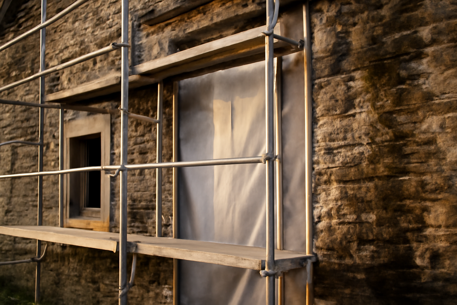 façade en pierre bretonne avec traces d'humidité et bardage en cours de ventilation