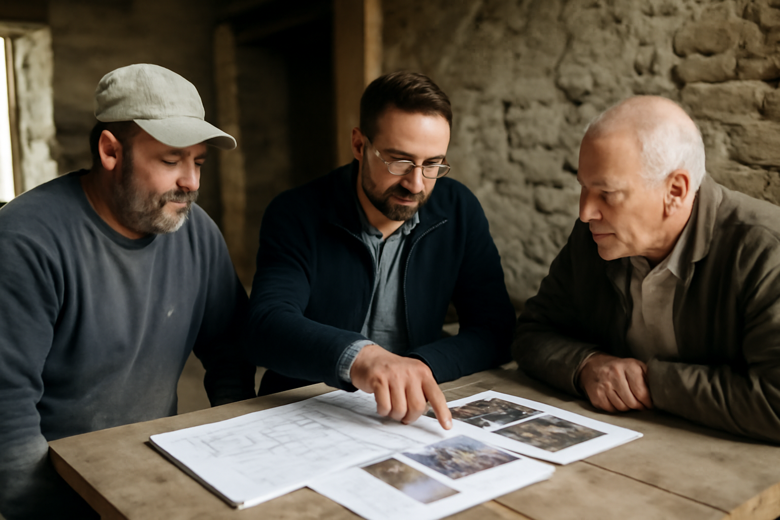 réunion de chantier en Bretagne avec un maître d'œuvre et un artisan autour de plans et photos