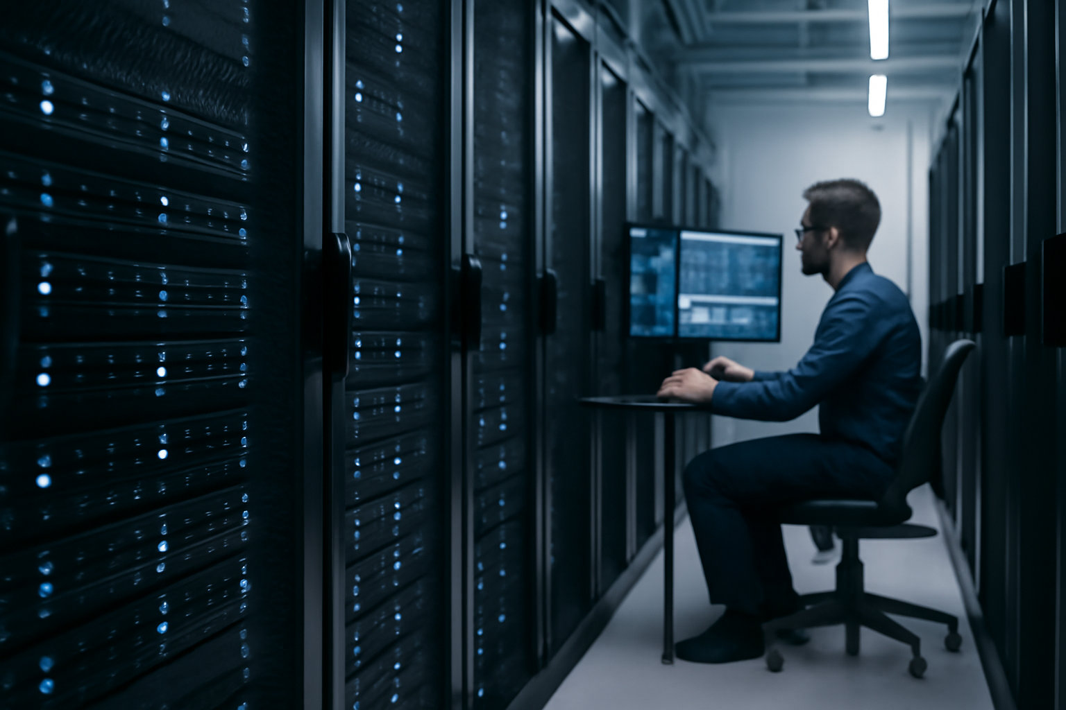 Salle technique de datacenter avec rangées de serveurs et opérateur observant des écrans