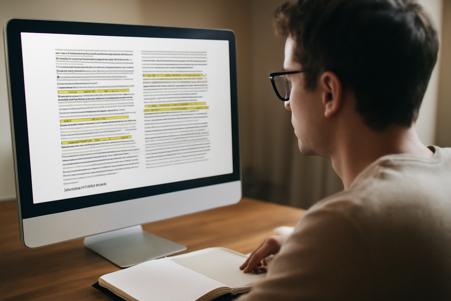 Personne consultant un article sur un écran avec surlignage de texte et icônes de droits d’auteur