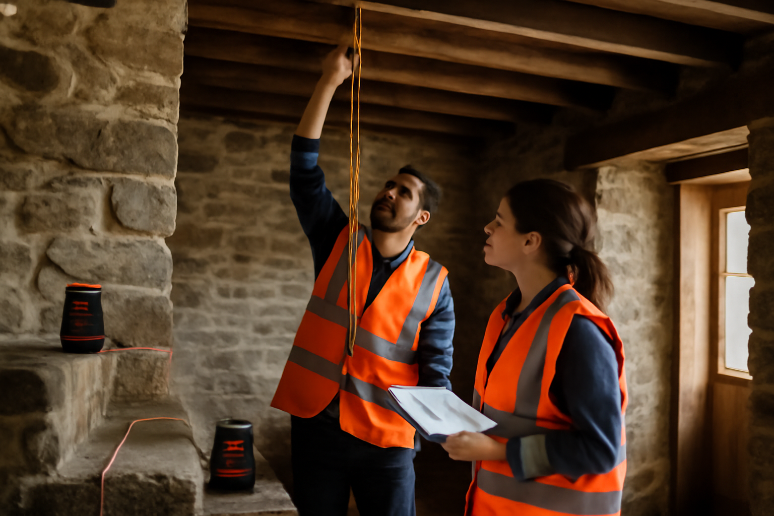 Mezzanine hauteur : mesure au mètre sur un chantier dans une maison bretonne
