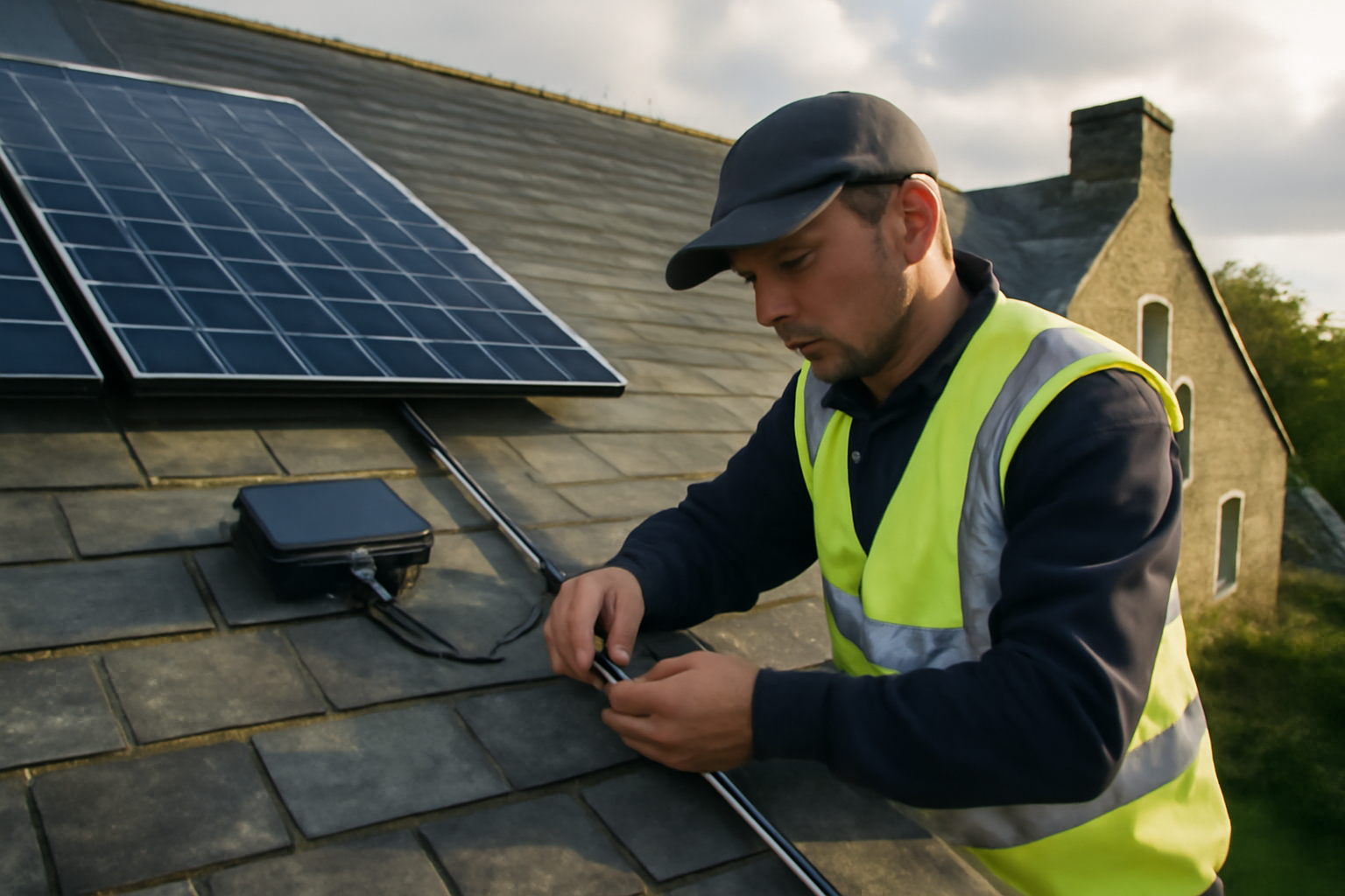 Panneaux solaires plug and play sur toiture bretonne en ardoises, technicien vérifiant le câble
