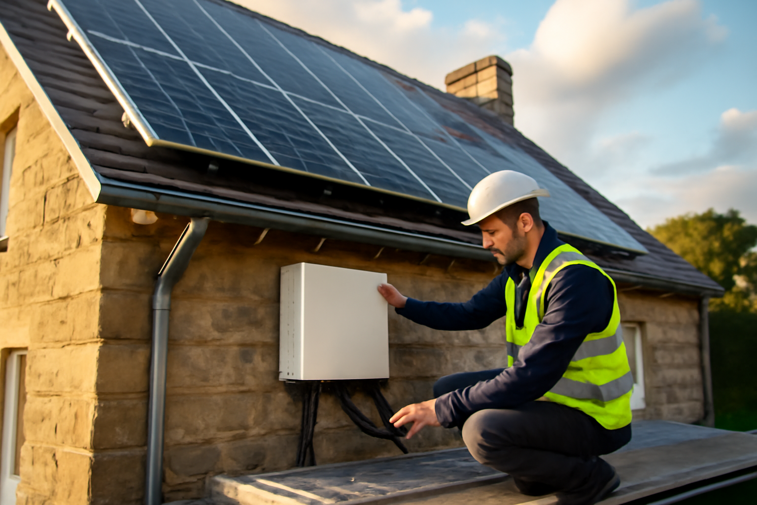 Panneau solaire sans batterie sur toiture en tuiles, technicien vérifiant le câblage en Bretagne, lumière de fin d'après-midi