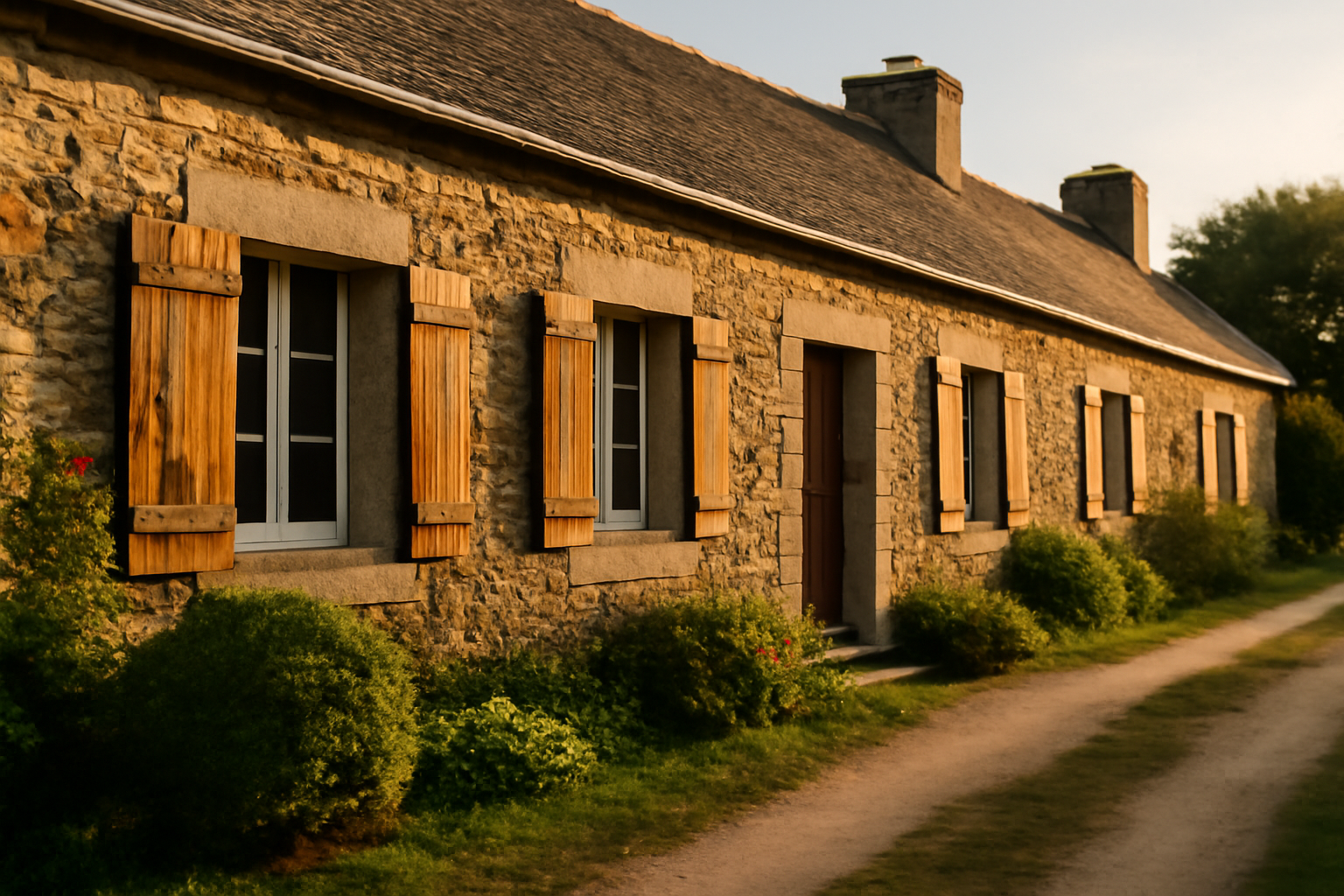 Façade de longère bretonne en pierre avec volets anciens et jardin, lumière de fin d’après-midi en Bretagne