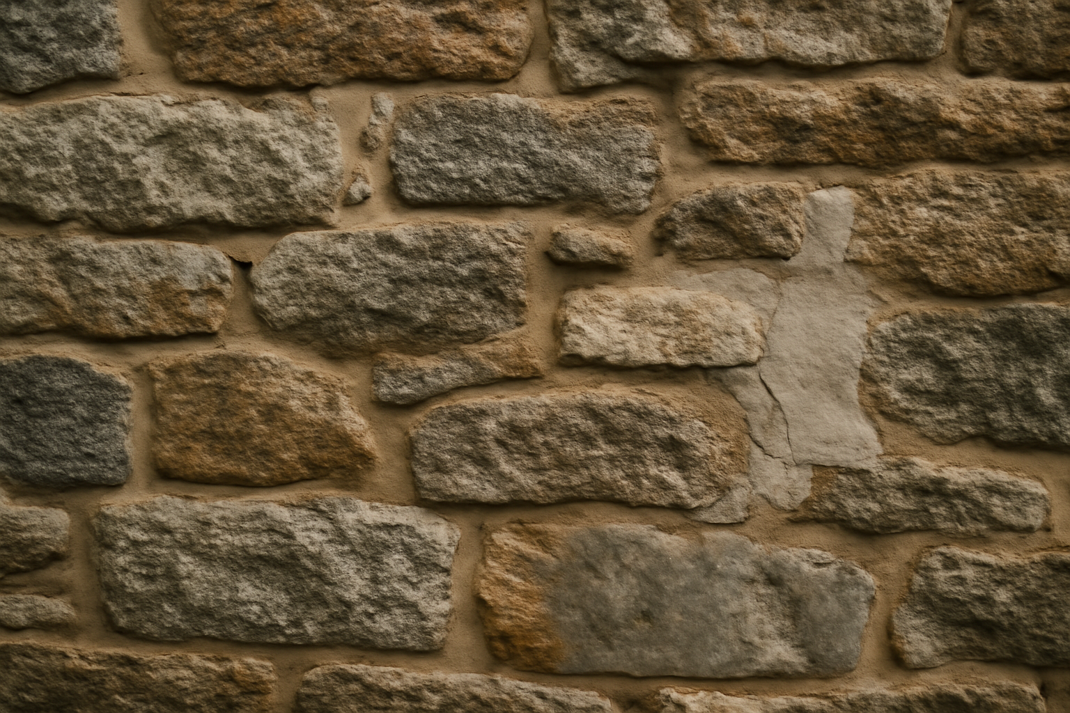 Détail d’un mur en pierre bretonne avec joints anciens, traces d’humidité et enduit localement refait