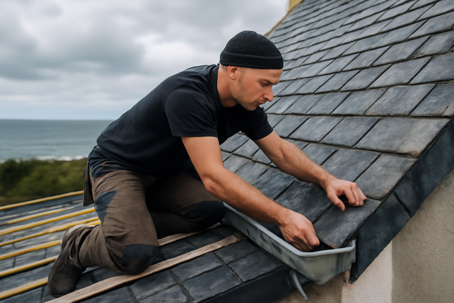 Chantier de rénovation sur toiture en ardoise bretonne près de la mer, couvreur vérifiant les rives et gouttières