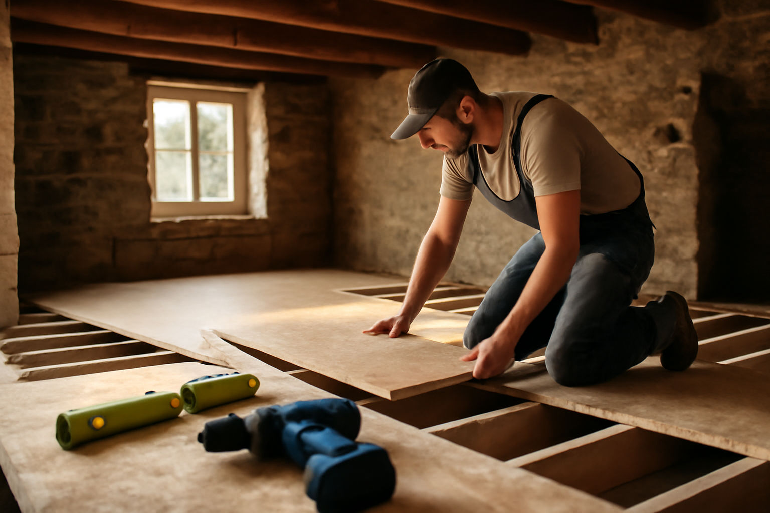 Plancher en aggloméré posé sur solives, chantier de rénovation avec niveau à bulle et visserie