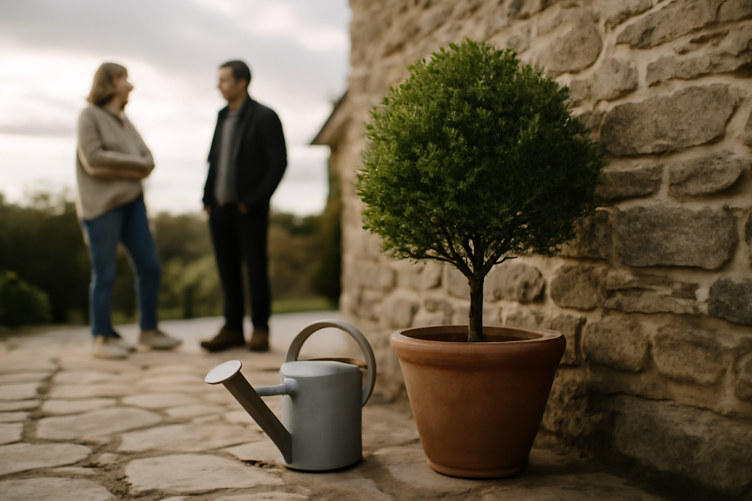 Quel arbre pour une petite terrasse : petit arbre en pot près d'une terrasse en pierre, ambiance bretonne, lumière de fin d'après-midi