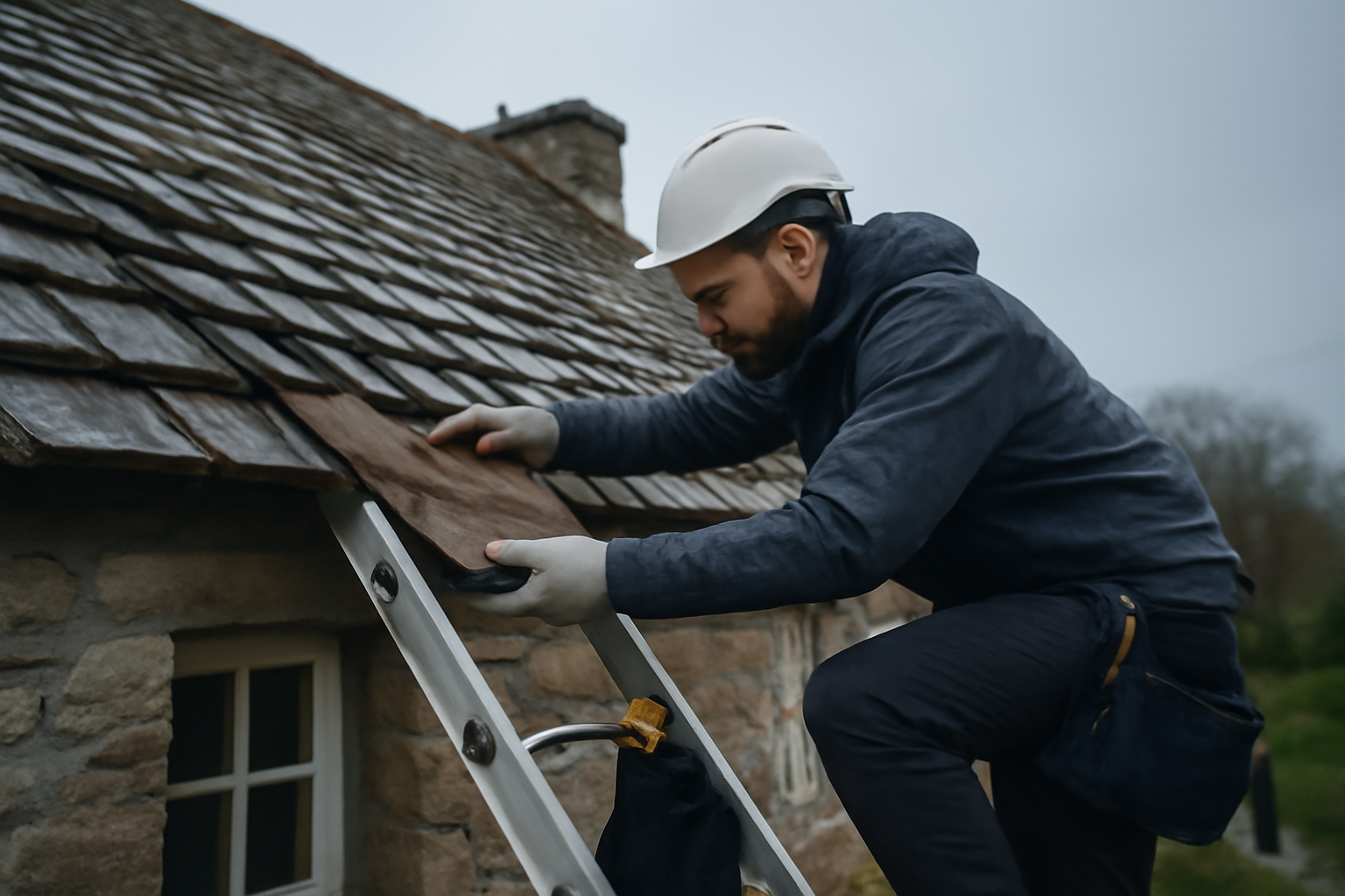 Rénovation toiture prix : couvreur inspectant une toiture ancienne sous la pluie en Bretagne