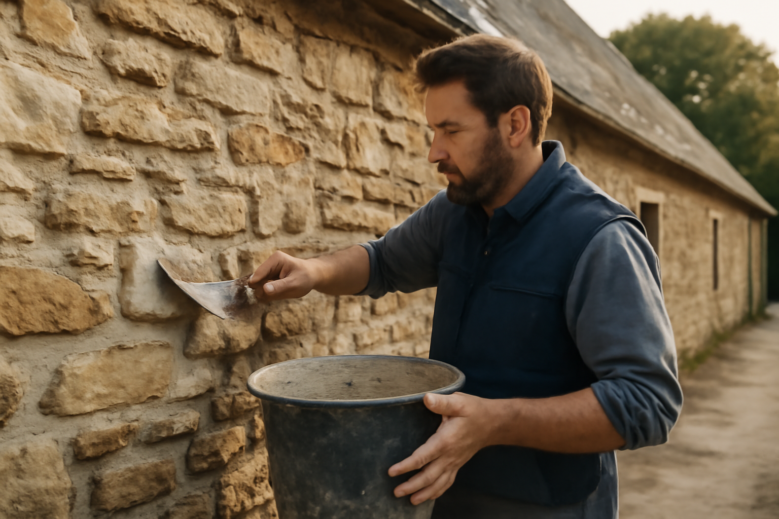 Restauration d’une longère bretonne : maçonnerie ancienne et enduit à la chaux en cours de reprise