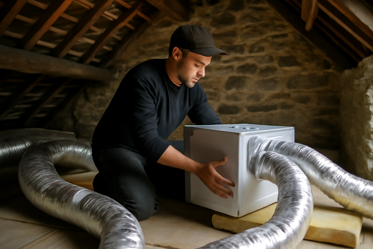 Installation d’une ventilation mécanique dans une maison ancienne : caisson et gaines visibles dans un comble