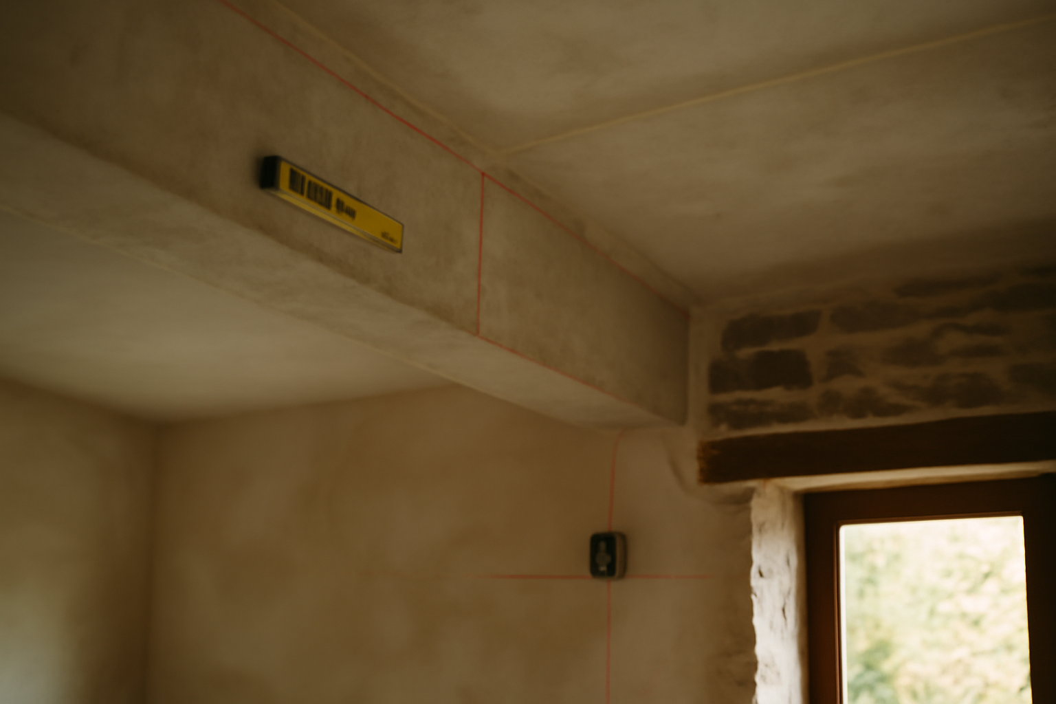 Retombée de poutre visible sous dalle dans une maison bretonne