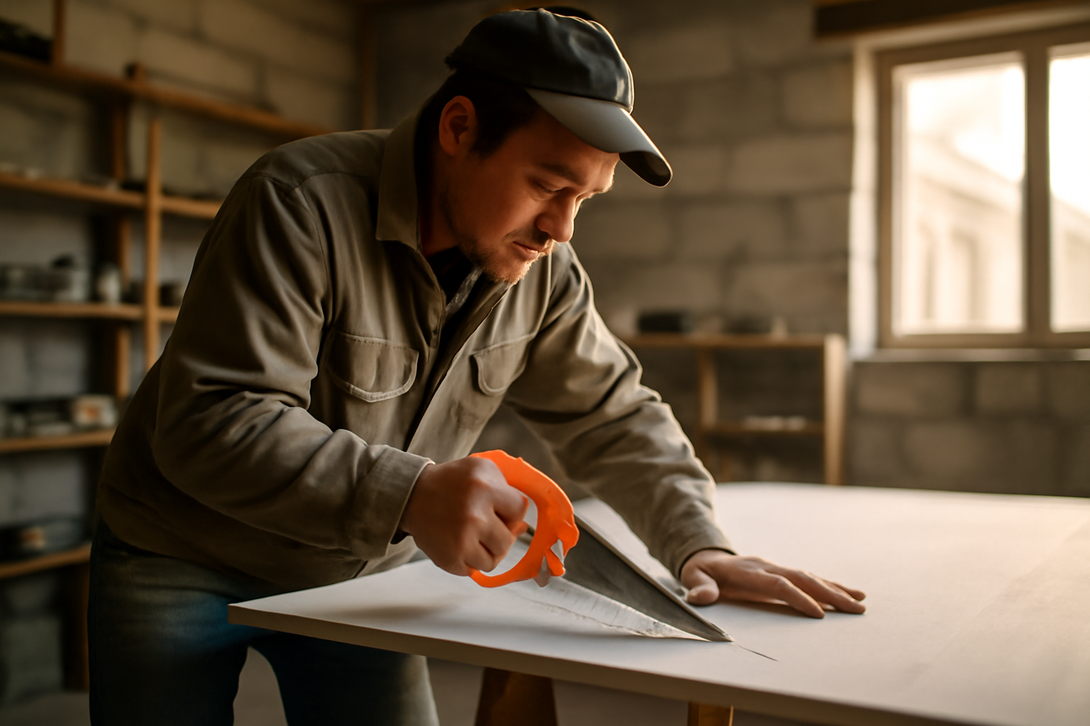 Scie a guichet en action sur plaque de plâtre dans un atelier de bricolage