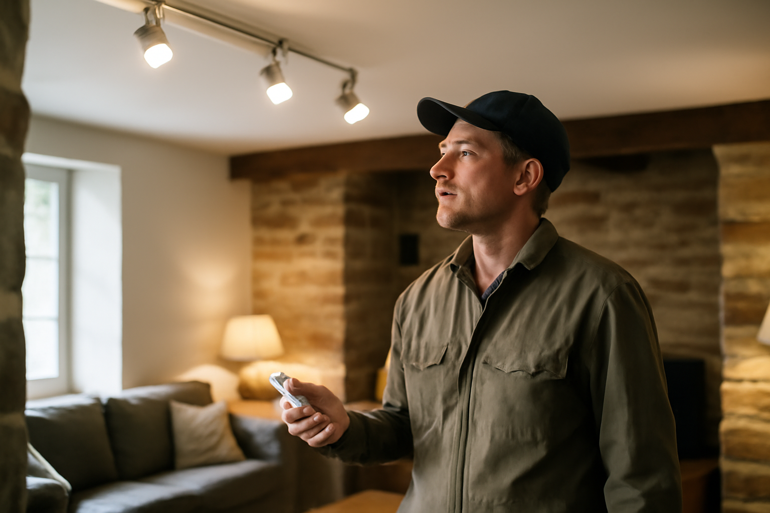 spot sur rail plafond dans un salon breton avec rail au plafond et spots LED orientables, lumière chaude