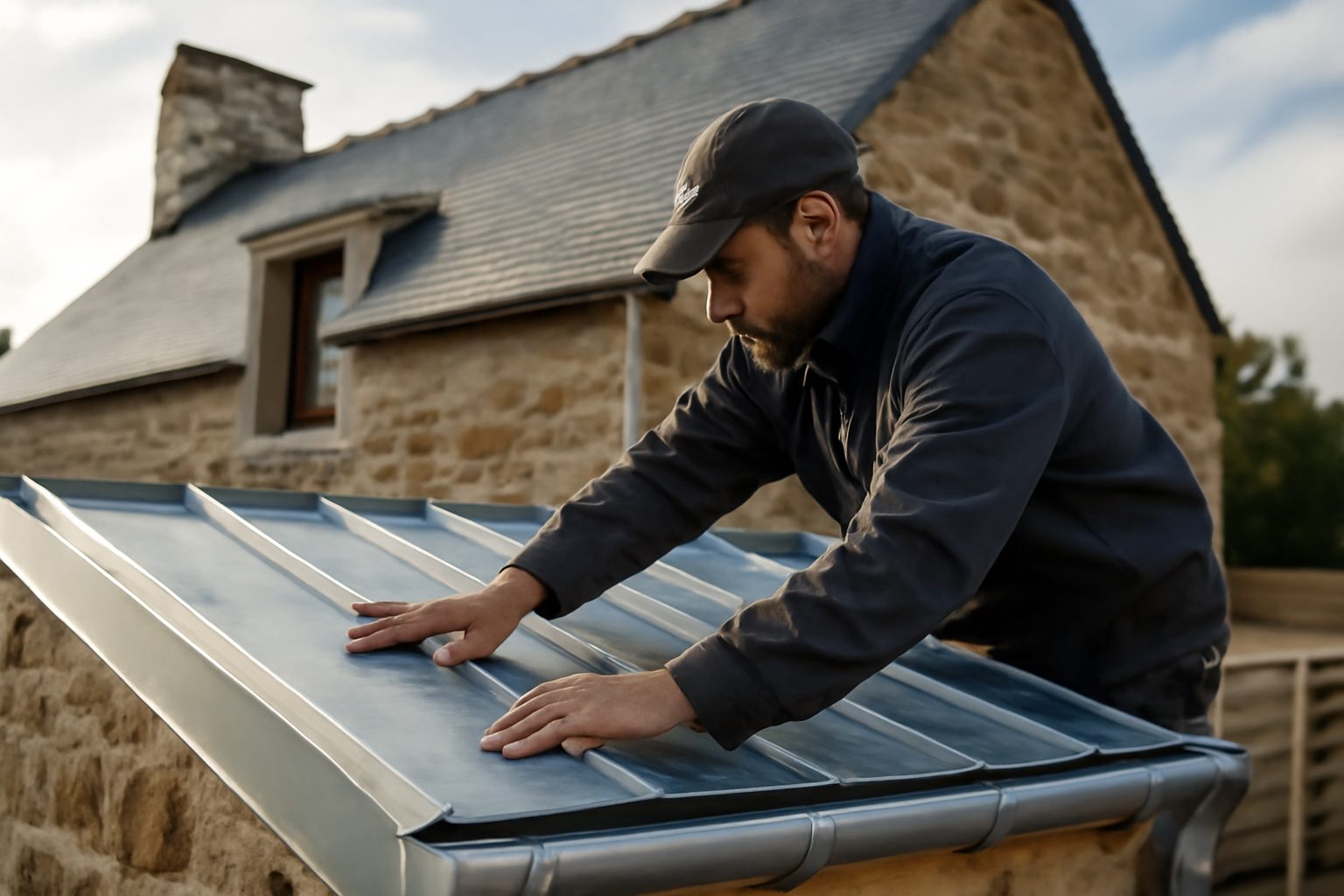 Zinc prépatiné sur toiture en Bretagne, pose en toiture avec bandes de zinc