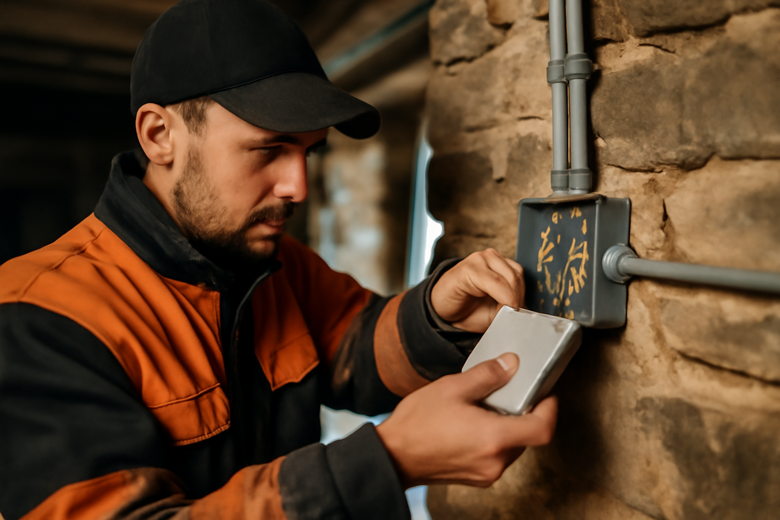 Boitier derivation encastré dans un mur en pierre, artisan vérifiant des connexions sous lumière rasante