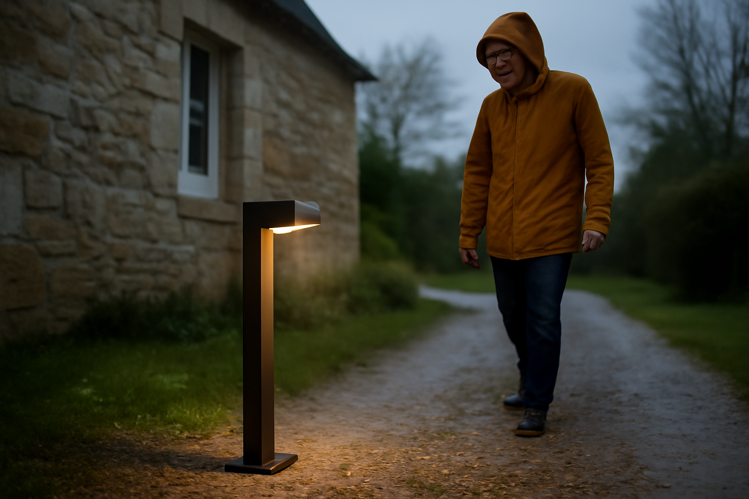 borne eclairage exterieur LED noire sur allée bretonne au crépuscule, pluie fine et ambiance chaleureuse