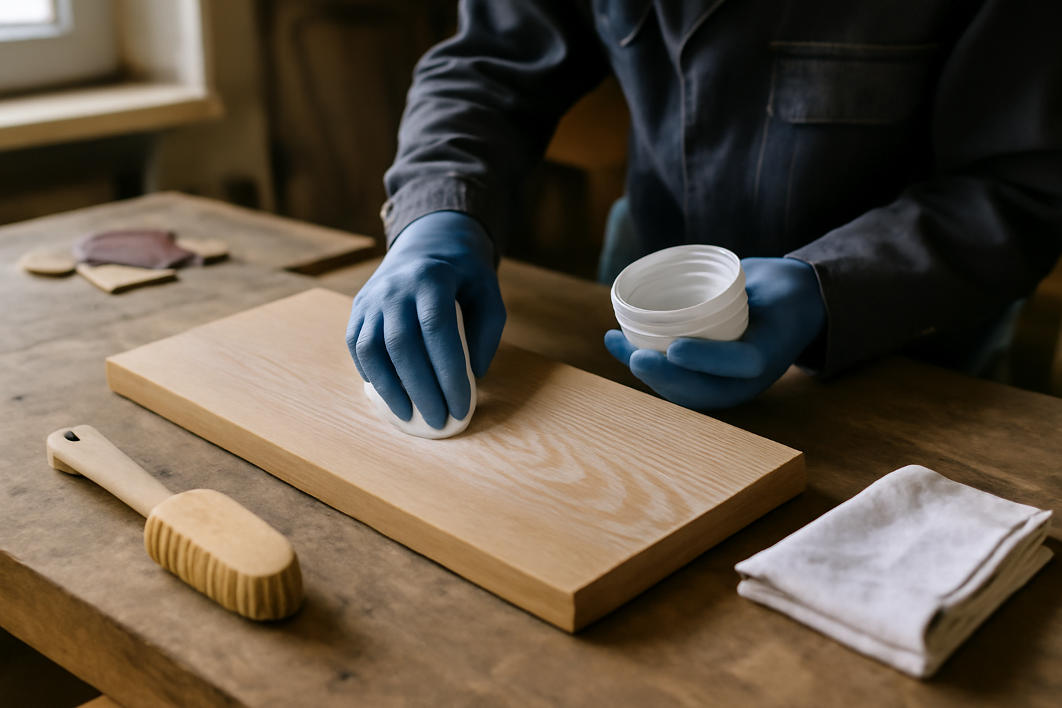 Ceruser un meuble en bois : application de céruse dans les veines, chiffon d’essuyage, lumière rasante