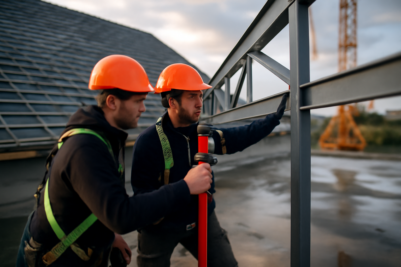Charpente métallique en acier posée sur chantier, ouvriers contrôlant l’alignement sous une toiture