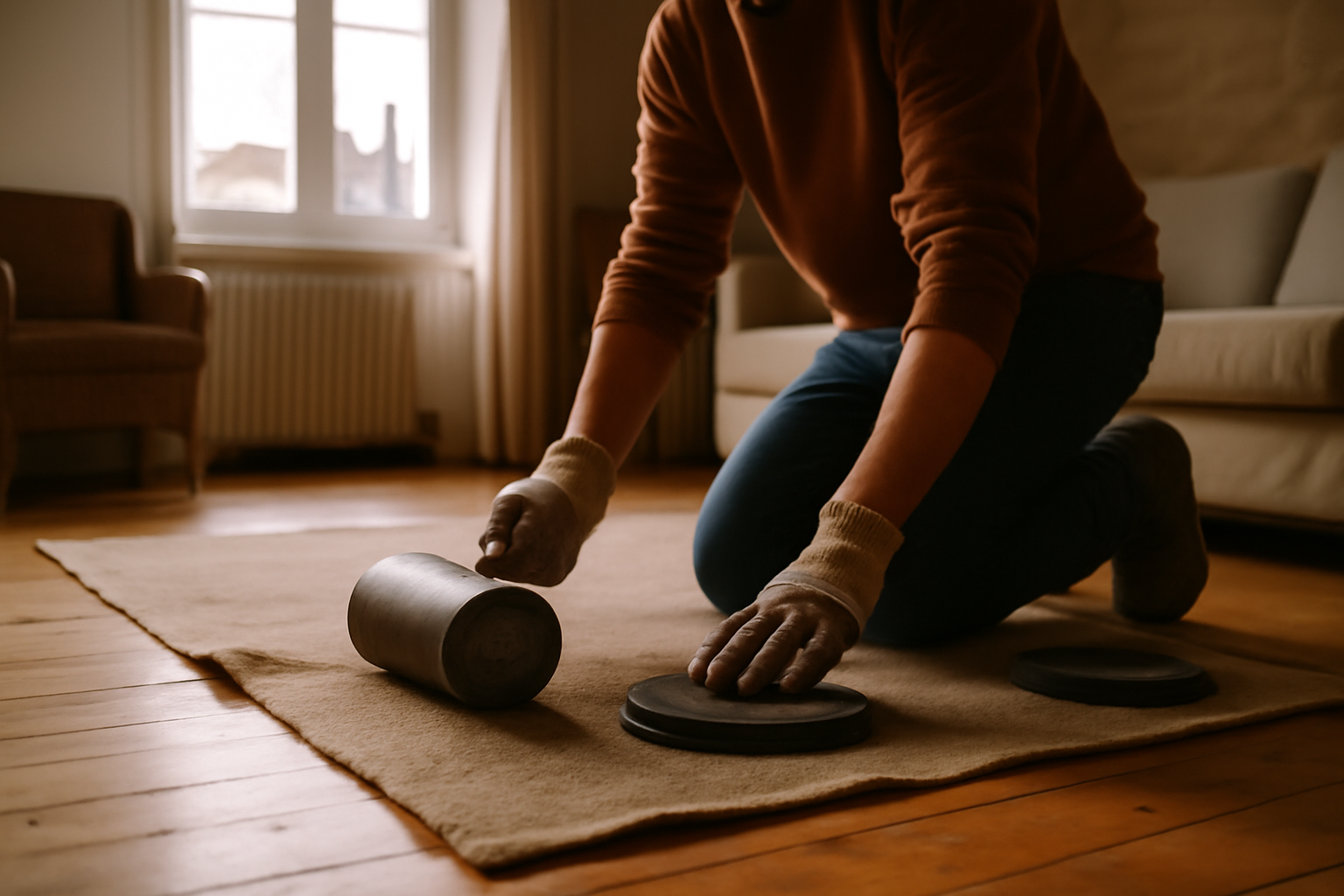 comment aplatir un tapis qui gondole : tapis ondulé au sol, poids plats pour le tendre