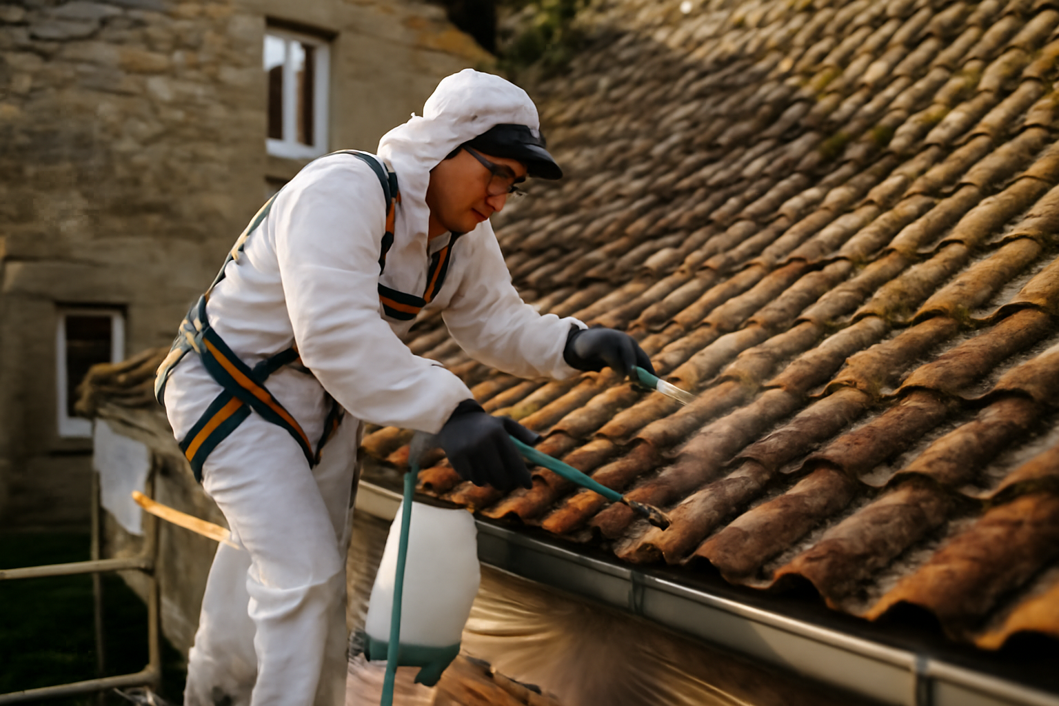 Démoussage toit en Bretagne : artisan nettoyant des tuiles avec protection et rinçage maîtrisé