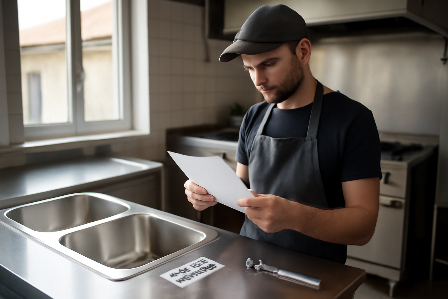 inox alimentaire 304 et 316 sur plan de travail de cuisine professionnelle, lumière naturelle, plans rapprochés des soudures