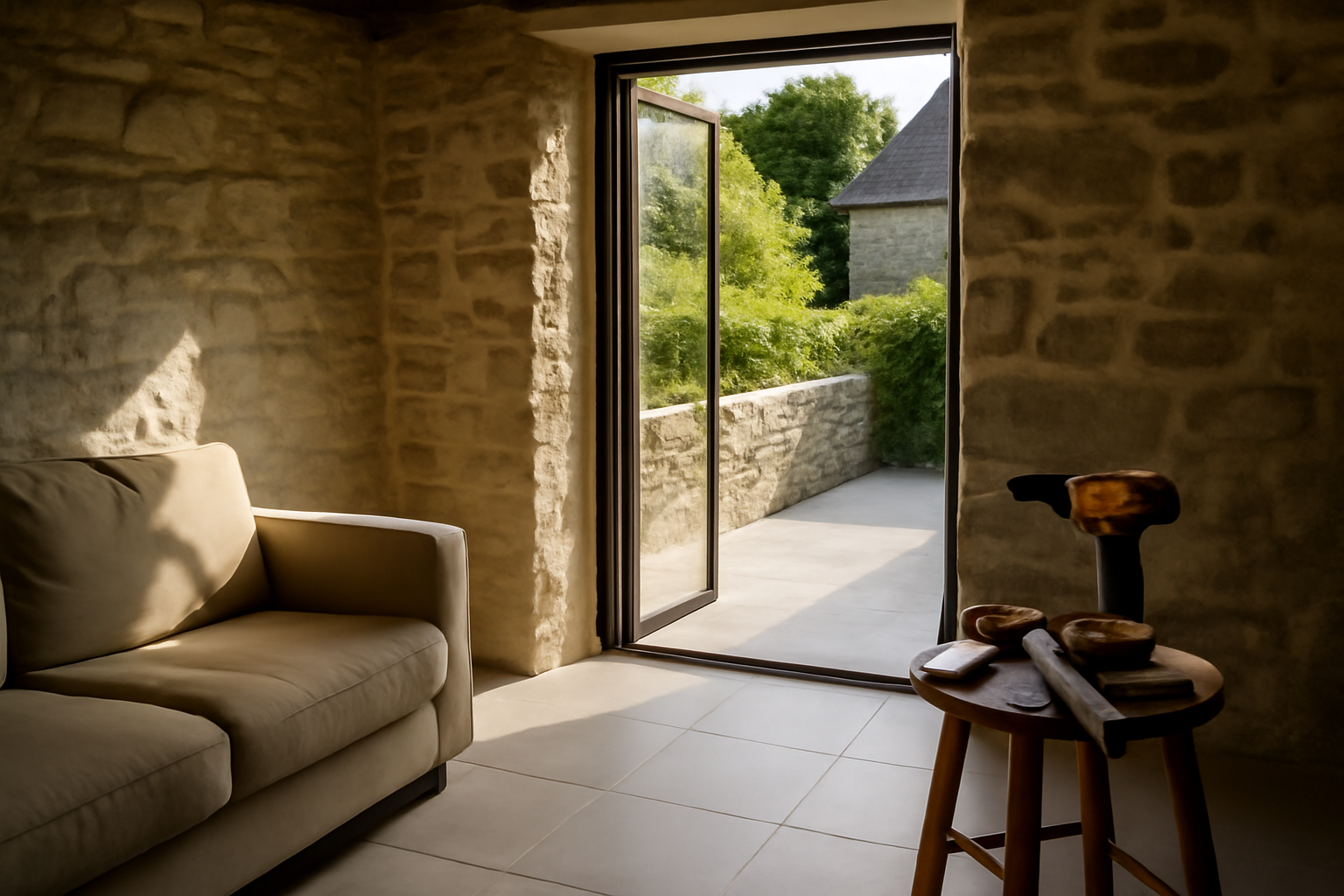 intérieur et extérieur : transition de sol près d’une baie vitrée sur une maison bretonne