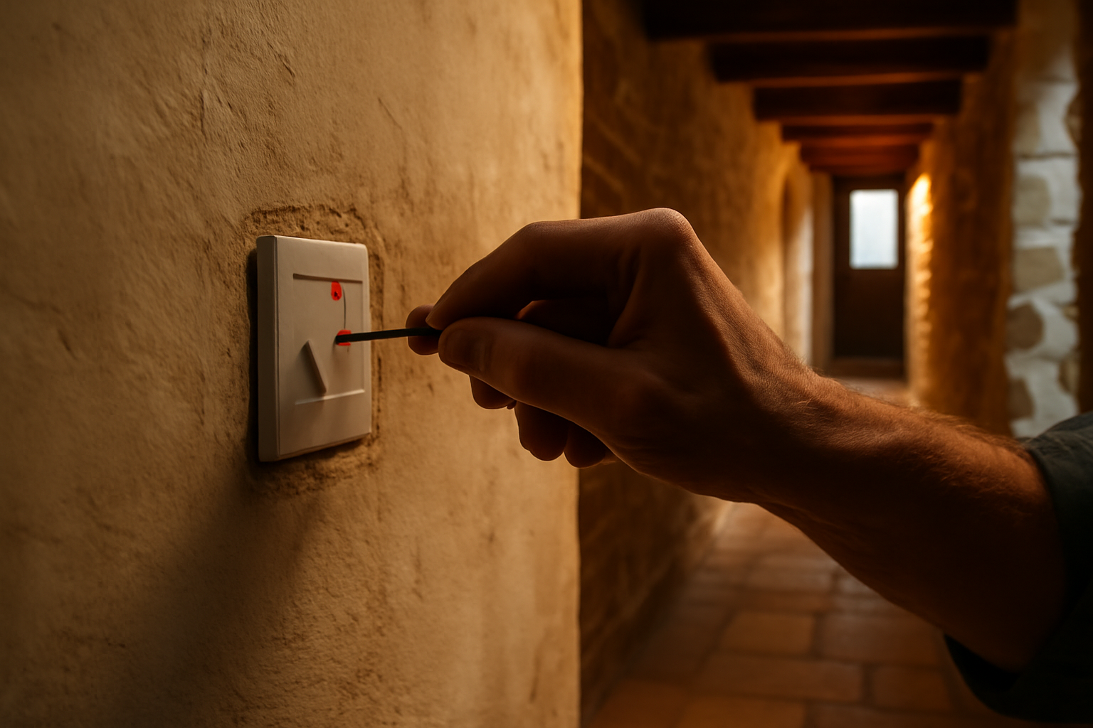 Interrupteur avec voyant lumineux installé dans une maison bretonne, couloir éclairé